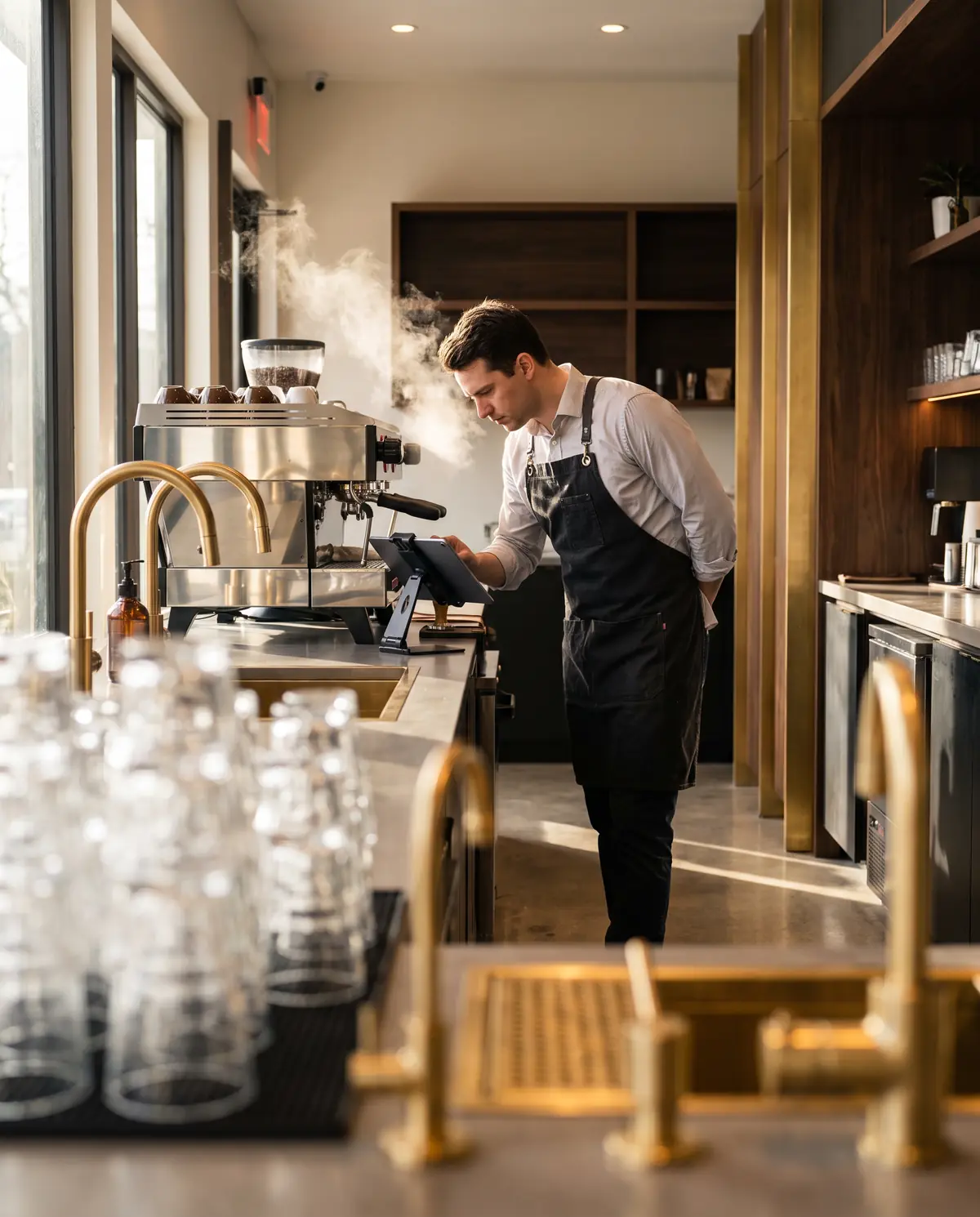 Un barista revisa una tableta junto a la máquina de café, en el mesón de su cafetería.