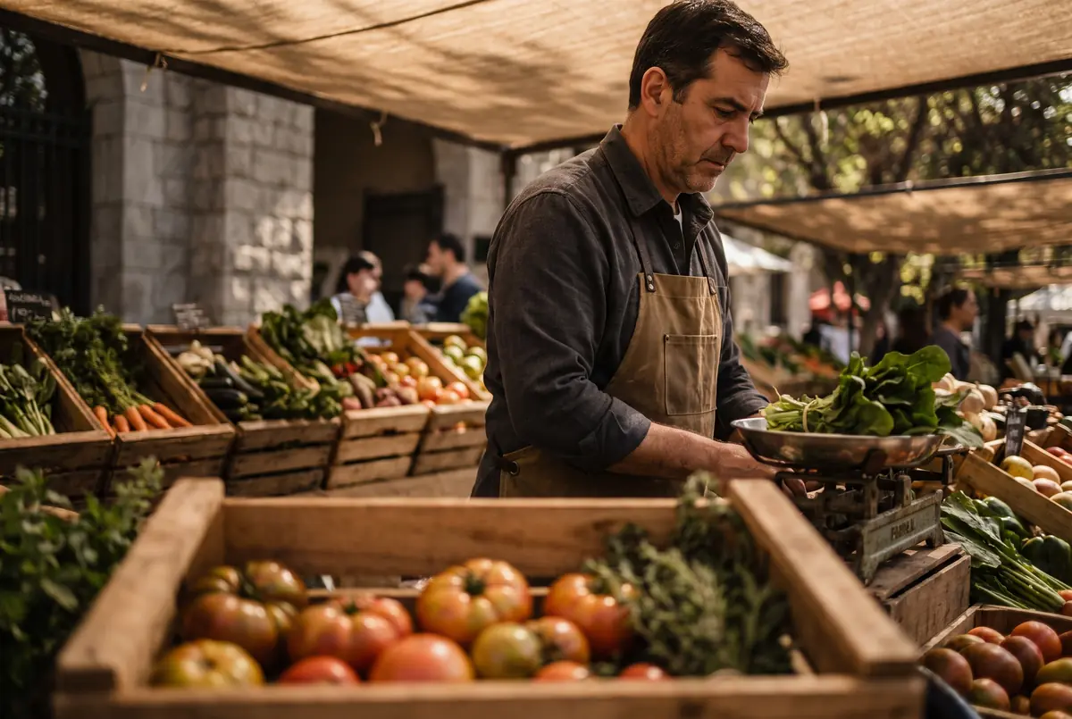 Un feriante pesa las verduras de su puesto.