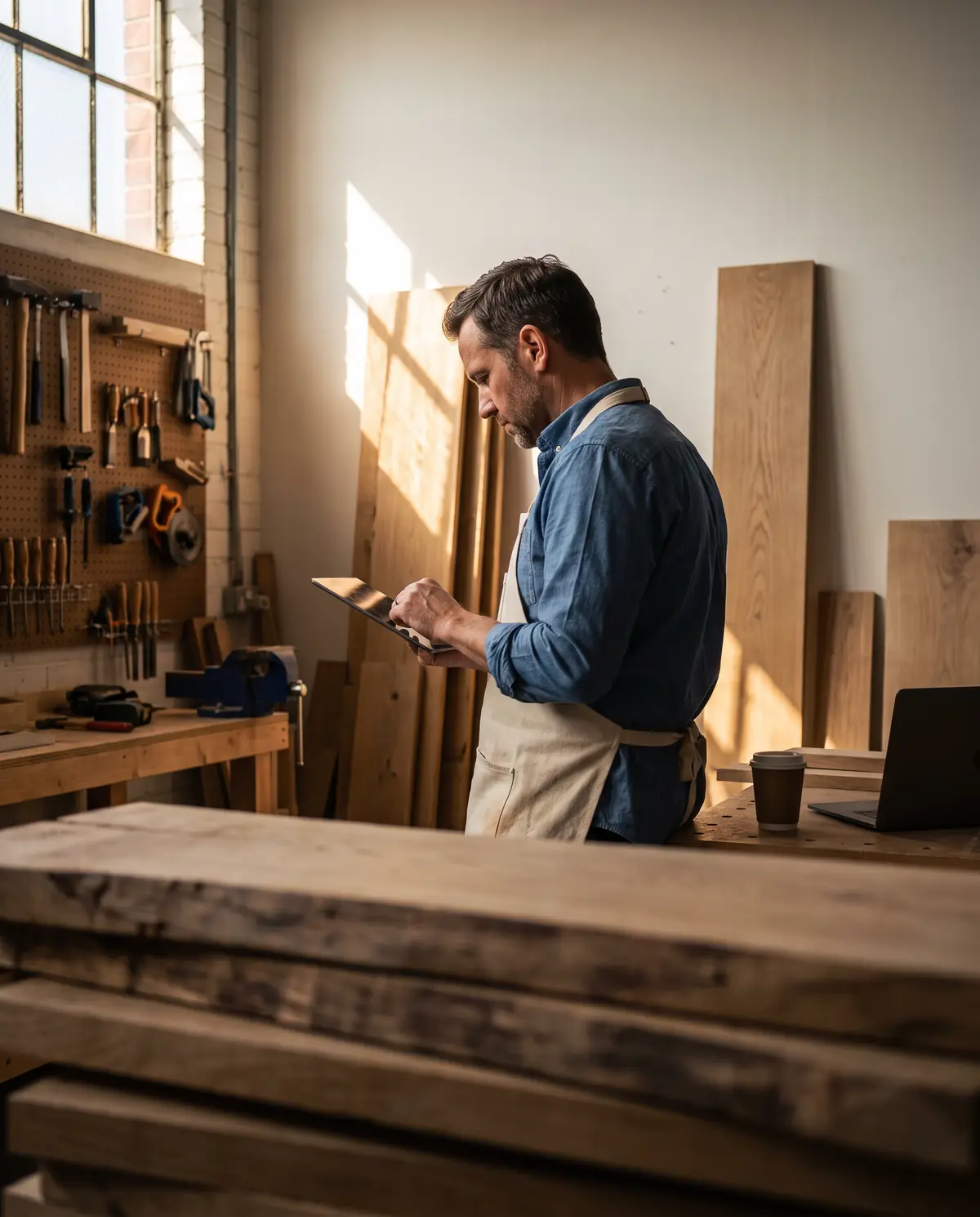 Un mueblista revisa una tableta en su taller, con las herramientas ordenadas detrás.