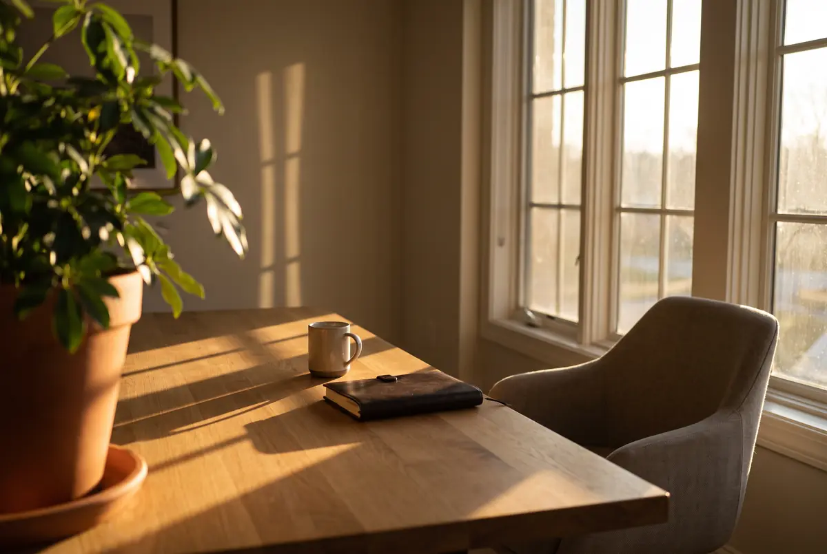 Un escritorio con una planta y un sillón junto a la ventana, con luz de tarde.